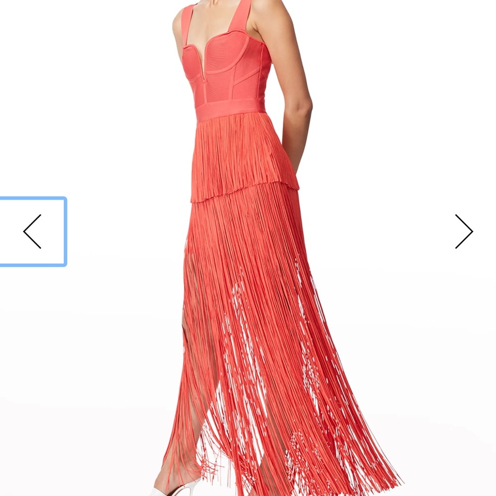 Herve Leger plunging bustier fringe gown in red